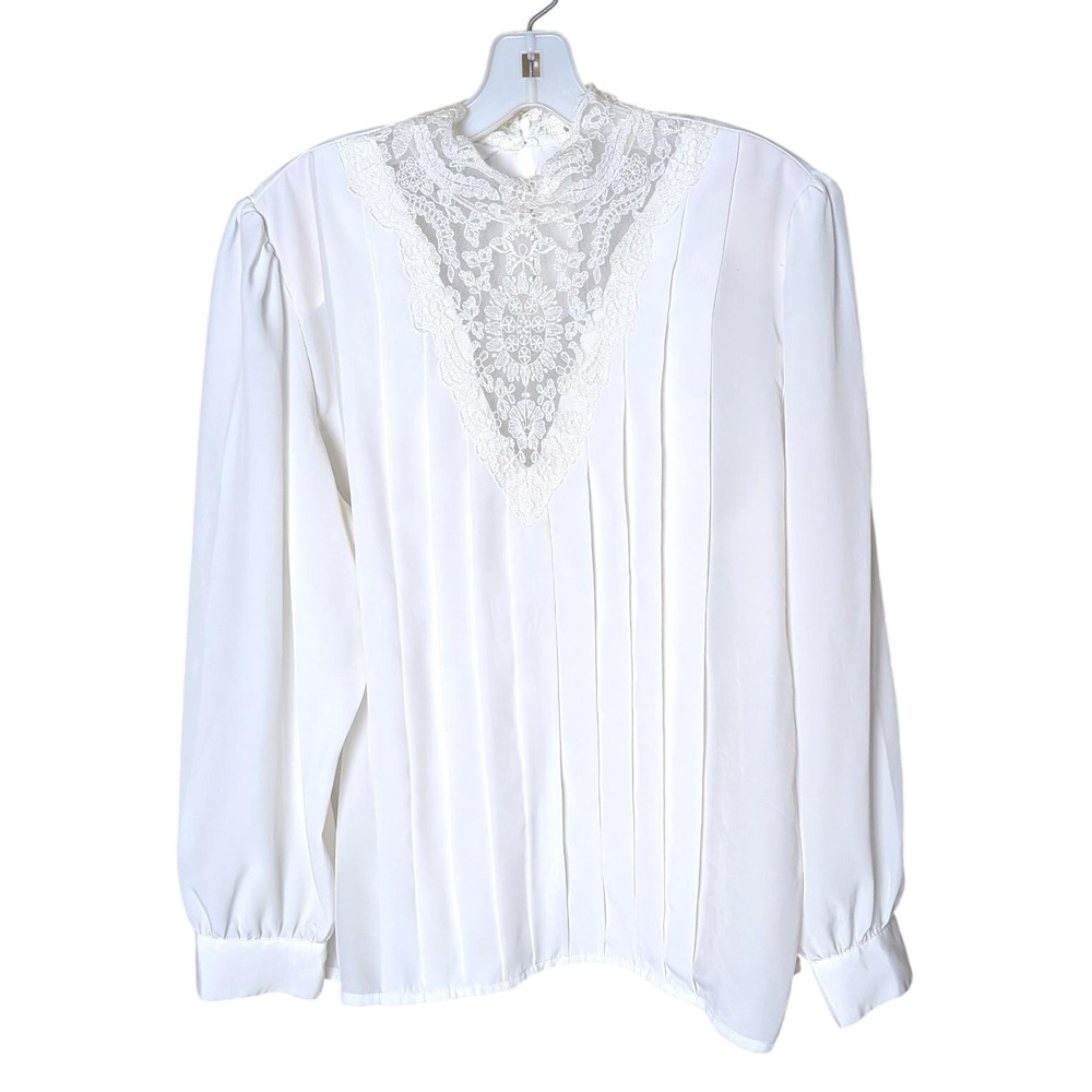 Sellecca Vintage Victorian Lace Blouse Sz 14 High Neck Pleated Front Cottagecore